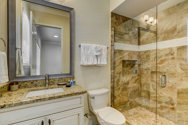 Get ready for the day at the large mirror vanity