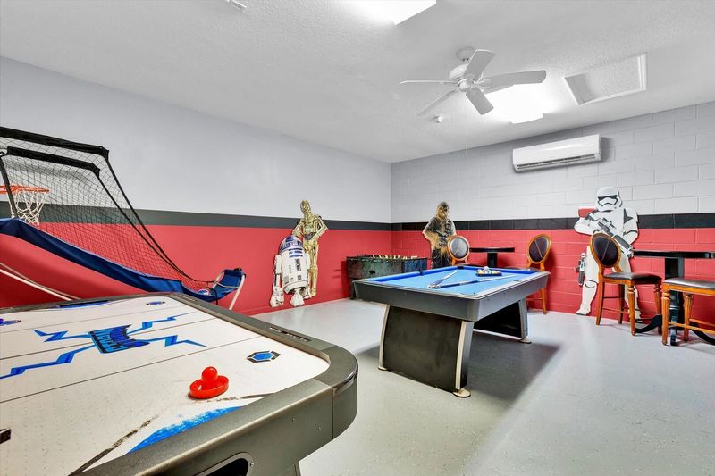 Game Room - Has AC
Pool Table
Air Hockey
Foosball
Basketball Hoops game
Star Wars Theme