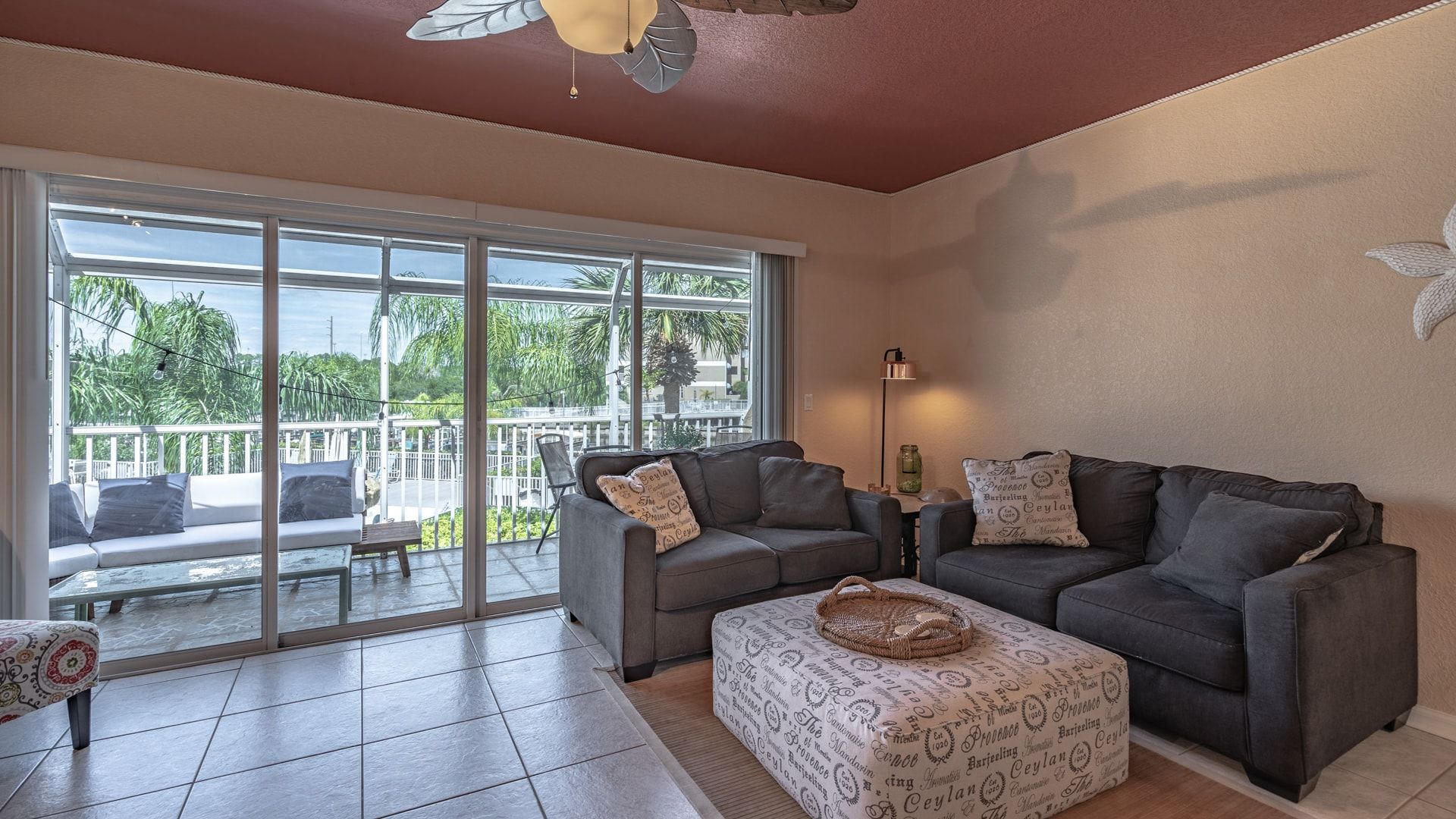 Living Room with private enclosed patio overlooking the docks