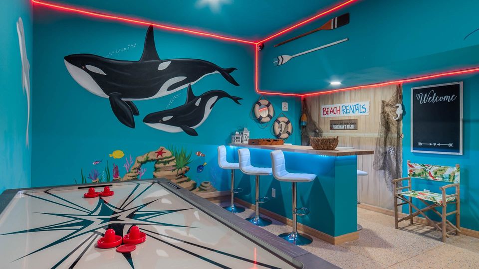 Game Room Downstairs
55" Smart TV
PlayStation 4 (One controller), Foosball Table, Air Hockey Table, and has A/C