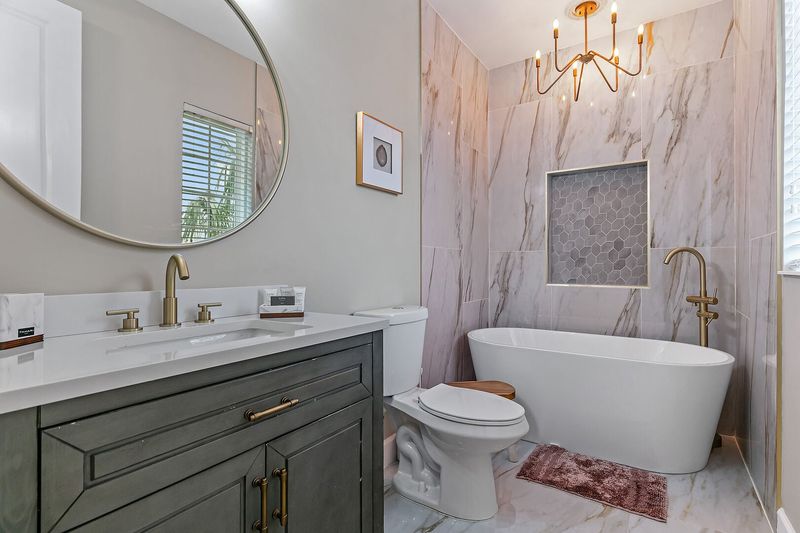 The master suite has a soaking tub.