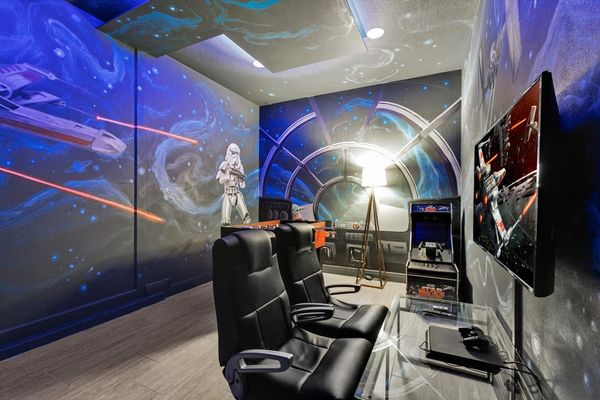 Game Room
50" TV  
PlayStation 4 
2 Game Chairs 
Star Wars Video Arcade 
Foosball
Has AC