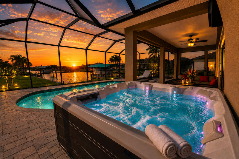 Beautiful outdoor living space over looking the sparkling pool and canal