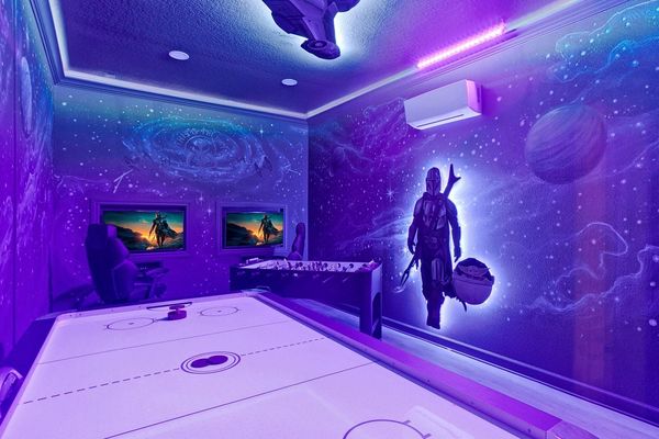 Game Room Downstairs
Star Wars Theme
Air Hockey 
Foosball
Has AC