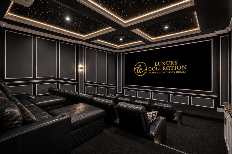 The theater room features a 200-inch projection screen, Apple TV, PS5, Xbox, and combined seating for 24