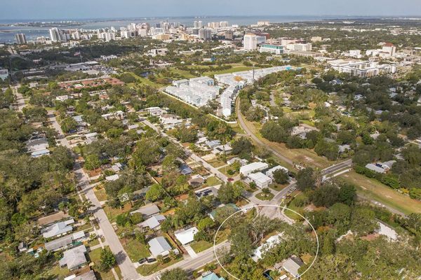 Aerial view of property, downtown Sarasota and Gulf of America. Walking dinstance to the Legacy Trail