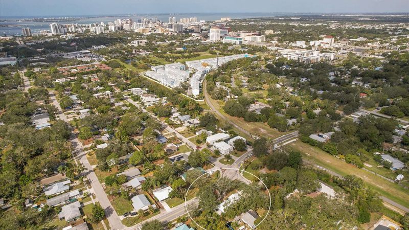 Aerial view of property, downtown Sarasota and Gulf of America. Walking dinstance to the Legacy Trail