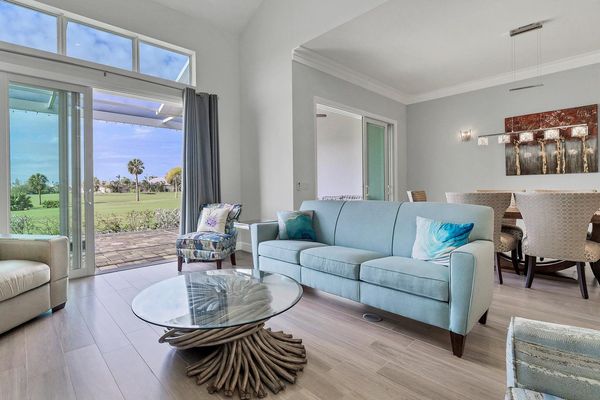 Cozy living room overlooking golf course