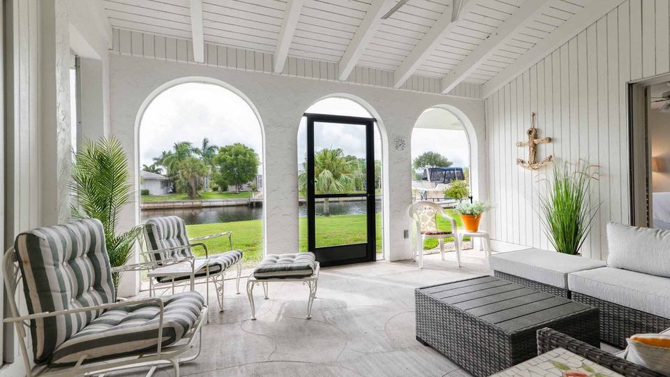 Relaxing lanai with canal views