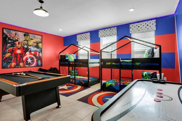 Two Twin/Twin Bunks 
Bedroom/Game Room 8
Downstairs
Avengers Theme