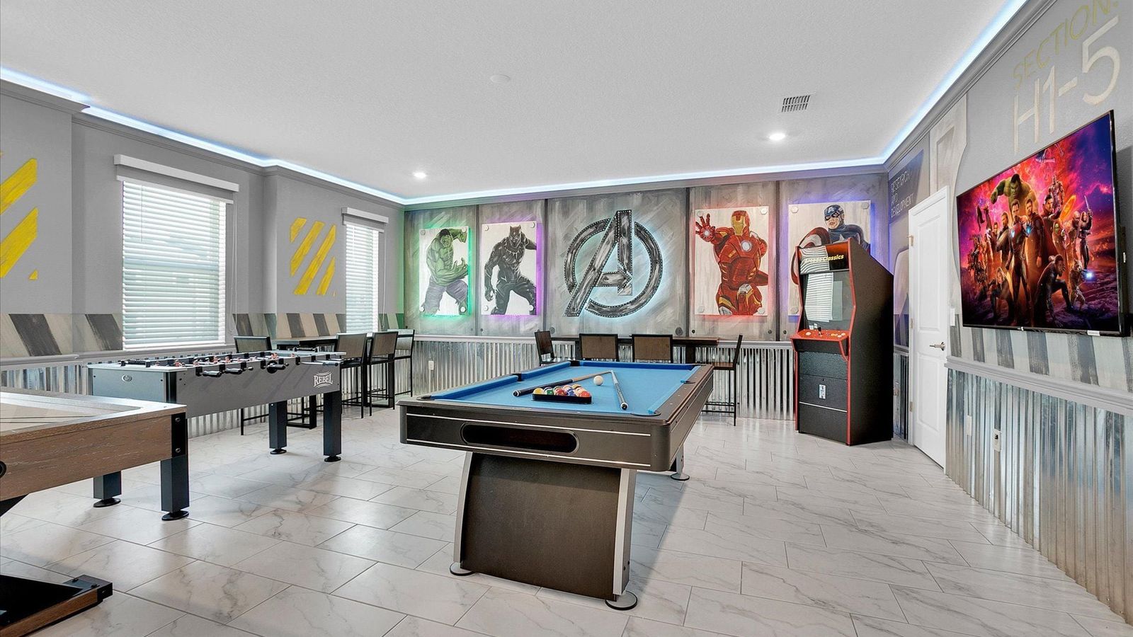 Game Room
65" Smart TV
Pool Table, Foosball, Air Hockey
Arcade Classics Arcade Game
Avengers Theme