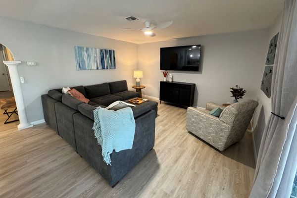 Open living space with comfortable living room and kitchen space