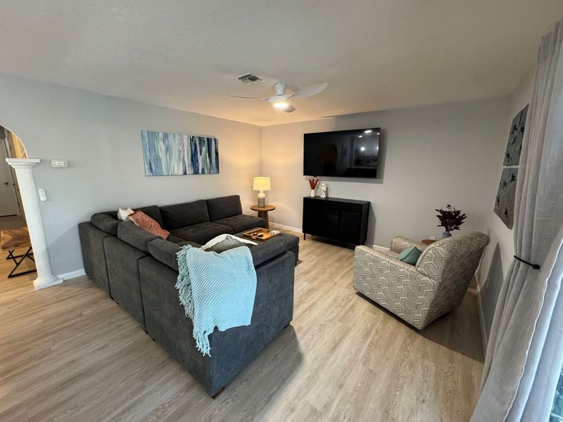 Open living space with comfortable living room and kitchen space