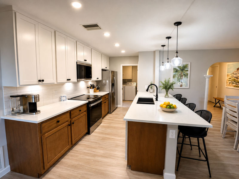 Open, fully-equipped kitchen overlooking the diningarea and living room