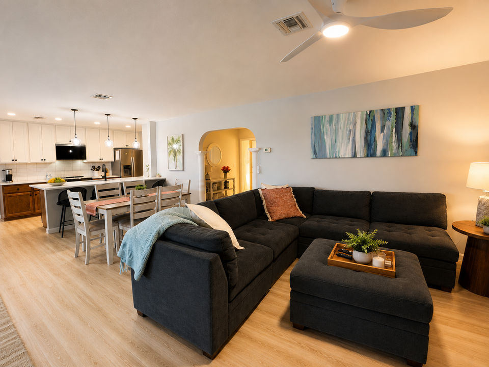 Open living space with comfortable living room and kitchen space
