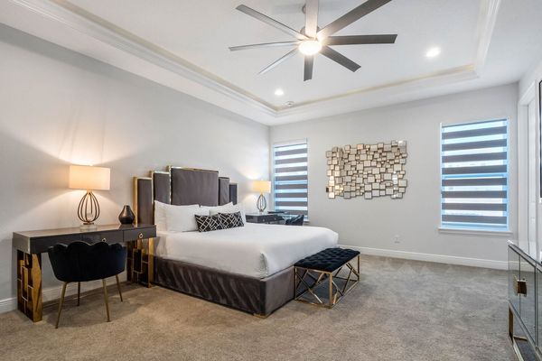 This bedroom exudes sophistication and charm.