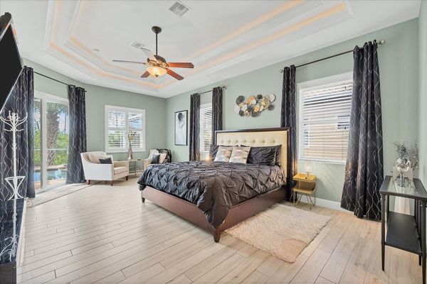 Large primary bedroom with king bed, en suite, lanai access, and  55-inch Roku TV