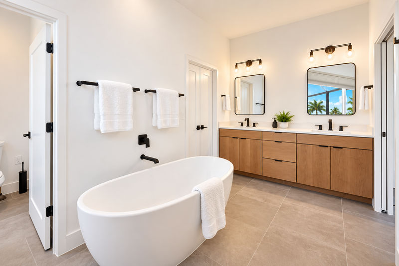 En suite with large walk-in shower, double vanities and soaking tub