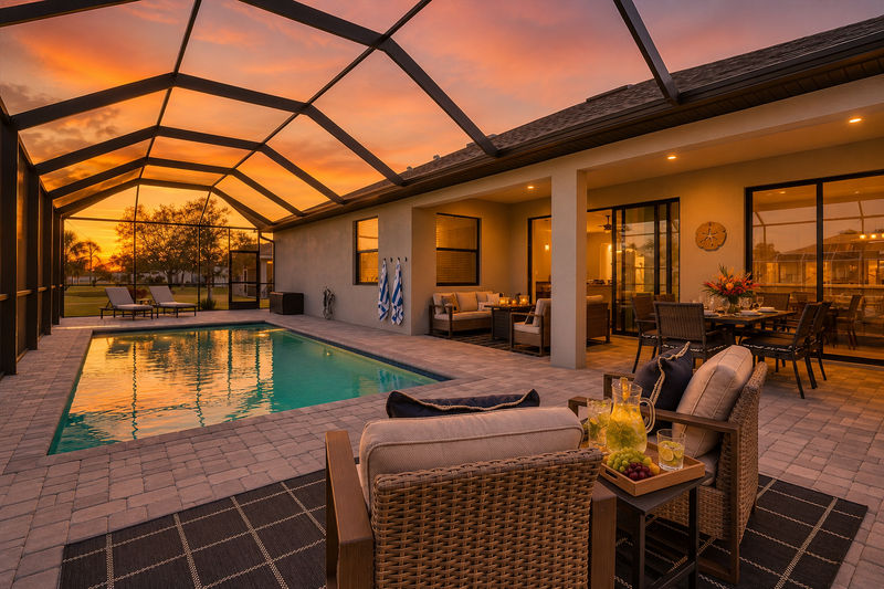 Spacious lanai with private pool. Lanai also features a table top fire pit, outdoor kitchen, sun loungers and dining table that seats 6