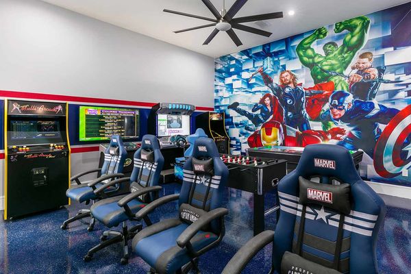 Arcade with Air Hockey, Foos Ball, Two Multicades with 120 Video Games, Golden Tee, and Driving Game