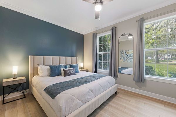 Retreat to the tranquil bedroom, designed with comfort and calm in mind