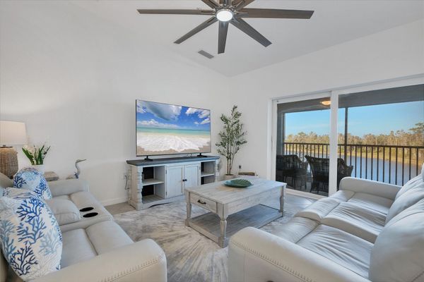 Bright, open living space with water view