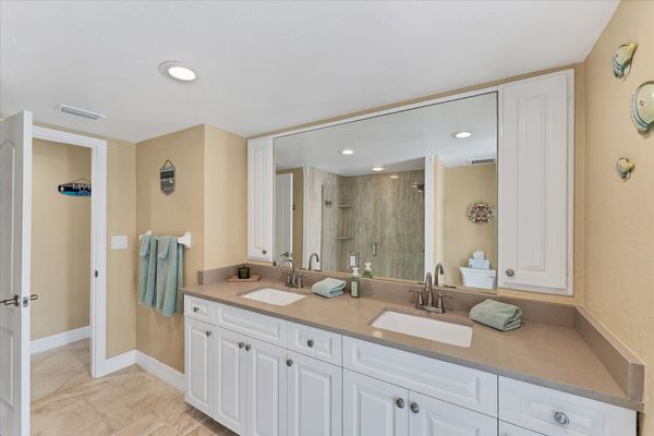 Guest Bathroom Double Vanity, Walk-In Shower and lanai access