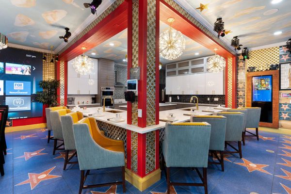 Kitchen Counter with Seating for 9 14x9 TV in Dining Area