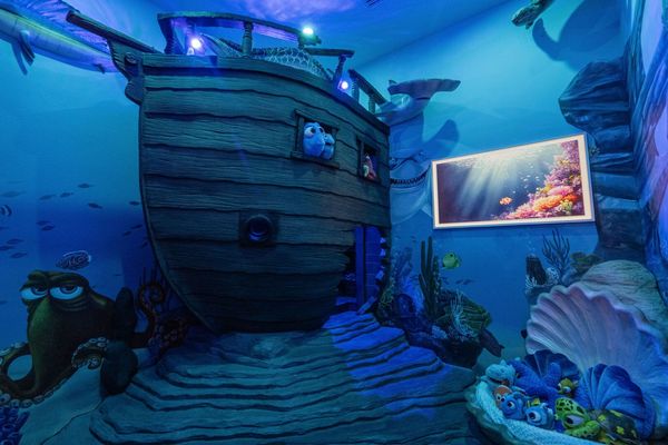 Step into an ocean adventure hidden just off the corridor! This immersive room features interactive sound effects, a smart TV, and a multi-game cocktail table for hours of family fun. A magical hideaway where playtime meets imagination.