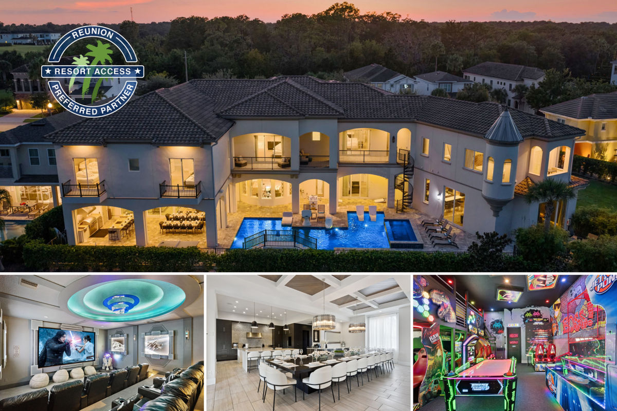 Royal Reunion over 13,000 sq. ft. of luxury living, complete with a castle-inspired turret, expansive balconies, and elegant architecture. The ultimate resort-style retreat—just minutes from Disney.