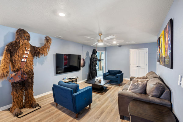 Loft Lounging/Gaming 75" Smart TV PS5 Star Wars Theme