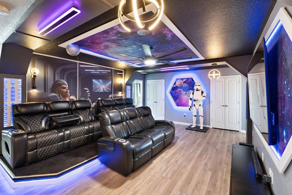 Theater Room Upstairs 85" Roku TV Sound Bar Star Wars Theme