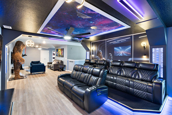 Theater Room Upstairs 85" Roku TV Sound Bar Star Wars Theme / Lounge