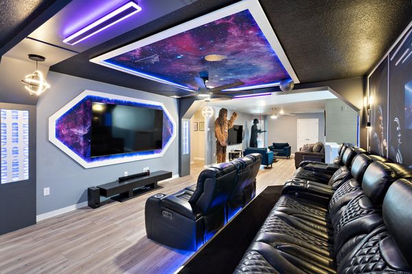 Theater Room Upstairs 85" Roku TV Sound Bar Star Wars Theme