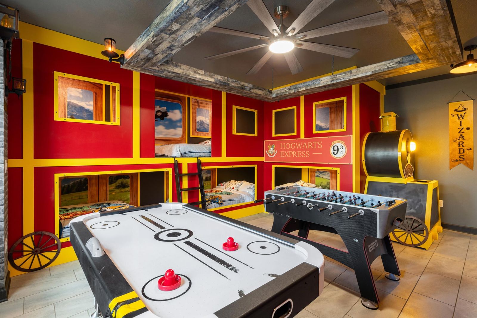 Game Room / Bedroom 8 
Three Double/Double Bunks
65" Roku TV
Two 32" Roku TVs with Game Consoles
Foosball  Air Hockey