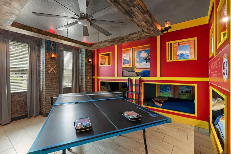 Game Room/Bedroom 8 
Three Double/Double Bunks 
65" Roku TV
Ping Pong Table
Harry Potter Theme