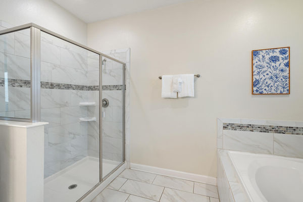 Master King Bathroom 1 Downstairs Tub & Shower Door to Pool