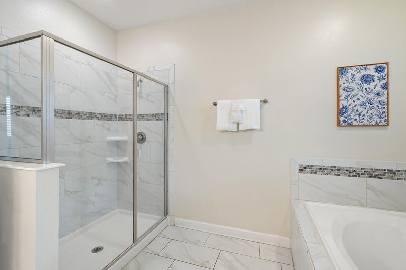 Master King Bathroom 1 Downstairs Tub & Shower Door to Pool