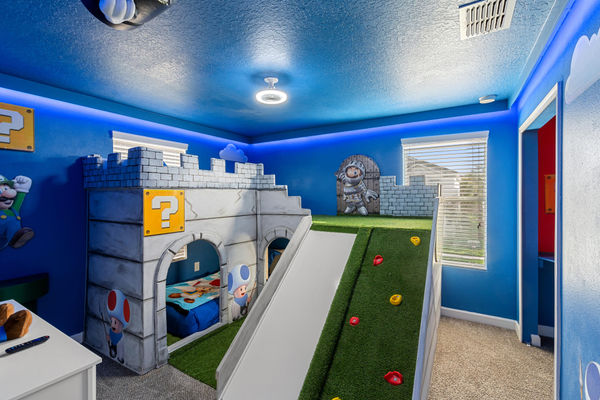 Twin/Twin Bunk + Twin Bedroom 4 Upstairs 43" Roku TV + 32" Roku With game Console Mario Theme