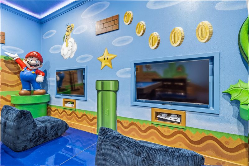 Game Room 2/50" Smart TVS, PS5, XBOX S
Pool Table, Air Hockey, Foosball - Mario Theme