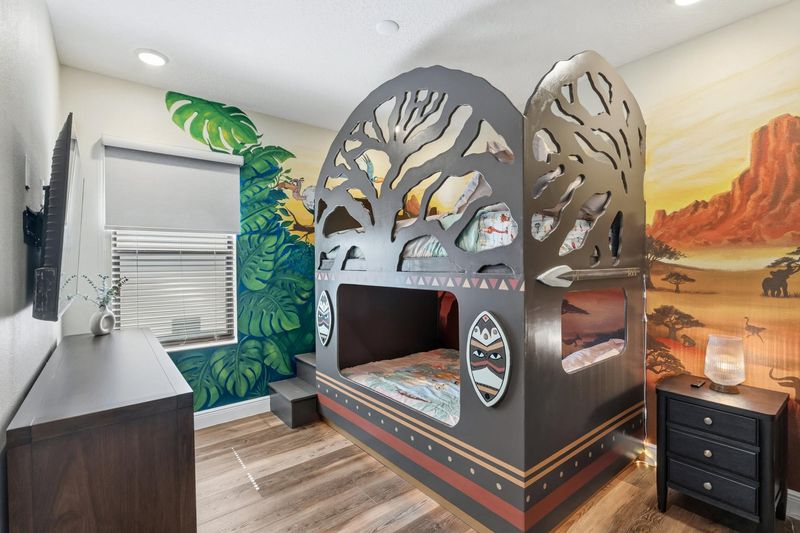 Double/Double Bunk Suite Bedroom 4 Upstairs
 Attached Shower 55" Smart TV Lion King Theme