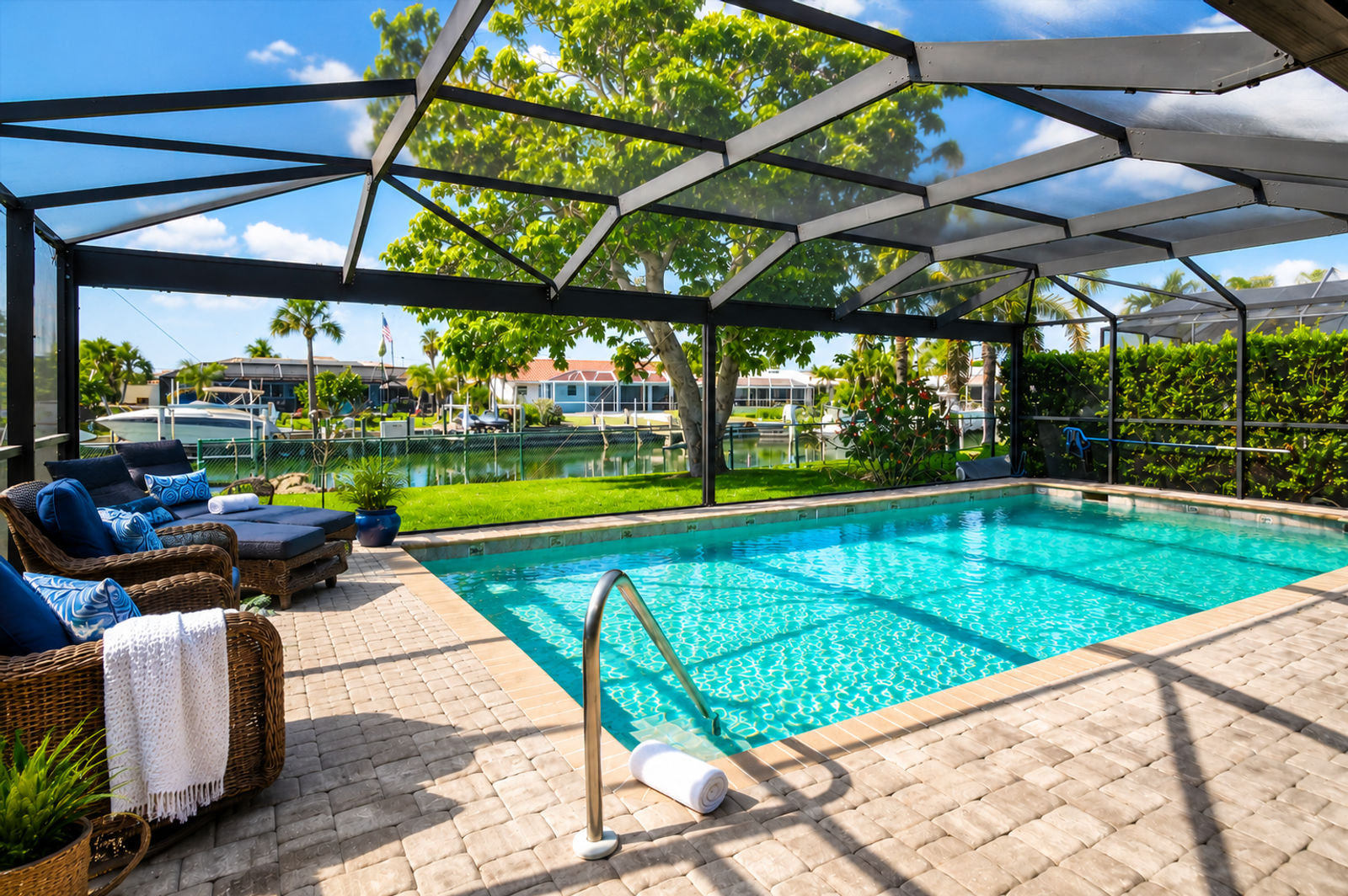 Large outdoor living space with dining table that seats 4, sun loungers, BBQ grill, sparkling pool, and 40-inch Smart TV