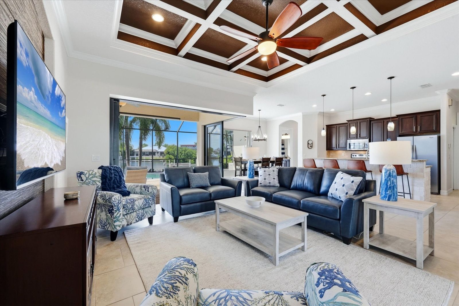 Beautiful, bright, open living space. 
Living room features ample seating