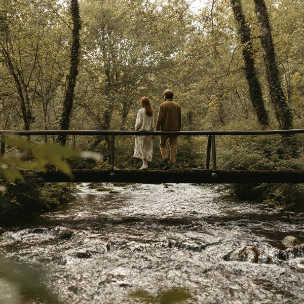 Couple standing together on a narrow wooden bridge above a gently flowing forest stream, surrounded by tall trees and soft natural light