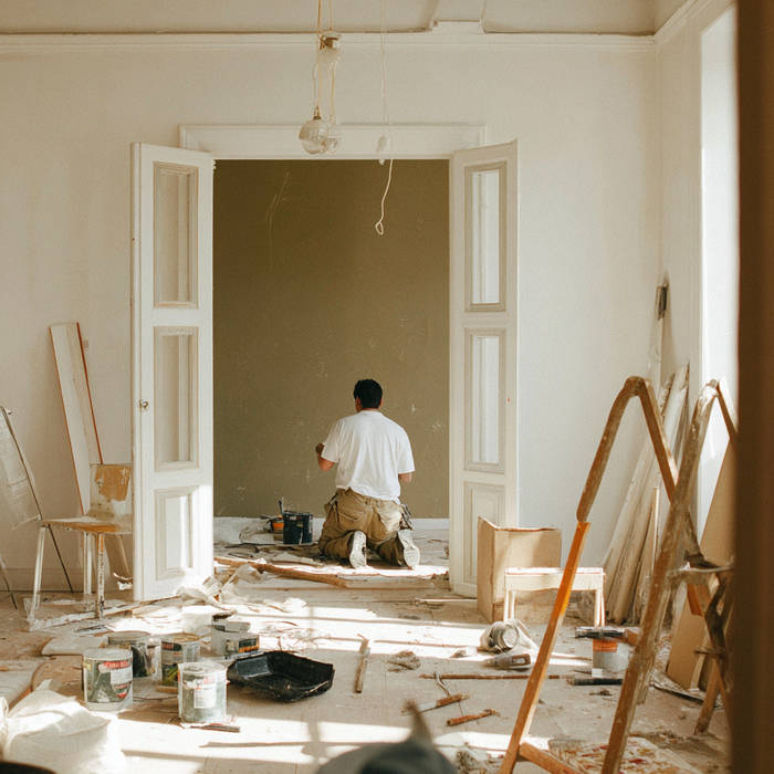 Person renovating a bright, empty room with ladders, paint cans, and tools scattered across the sunlit floor