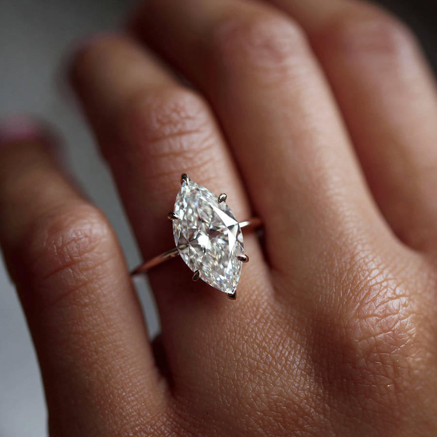 close up of a marquise cut diamond solitaire