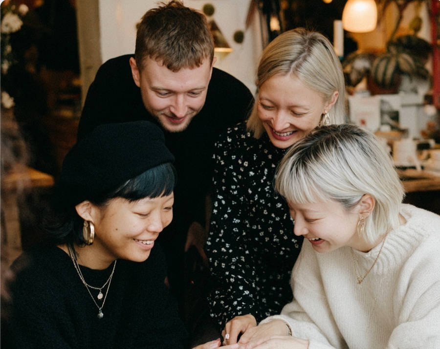 Group of friends smiling together during a bespoke engagement ring consultation, gathered around a table in a cozy studio