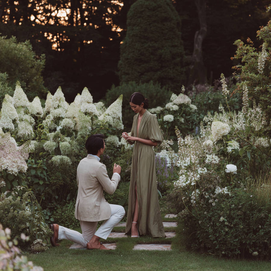 Man kneeling to propose in a lush flower garden as his partner in a flowing dress looks down at the ring.