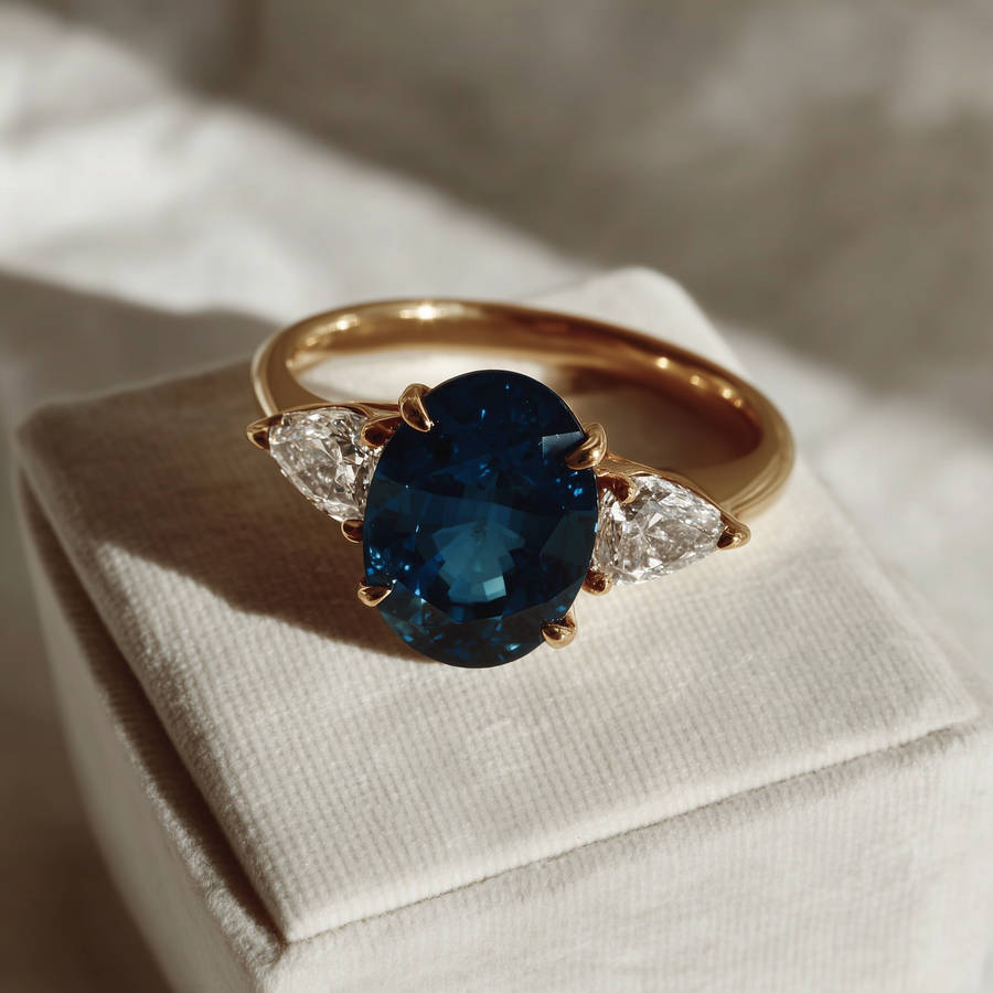 Ultra close up of a an oval blue sapphire solitaire engagement ring