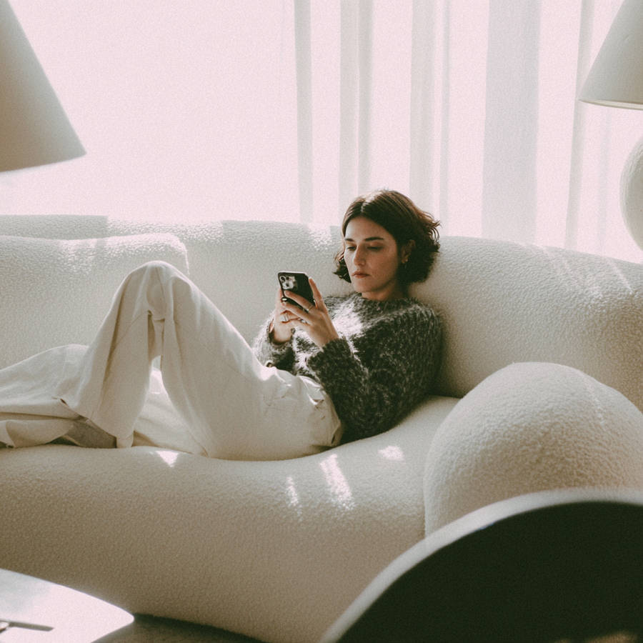 Woman relaxing on a sofa, browsing her phone while exploring bespoke engagement ring inspiration online.